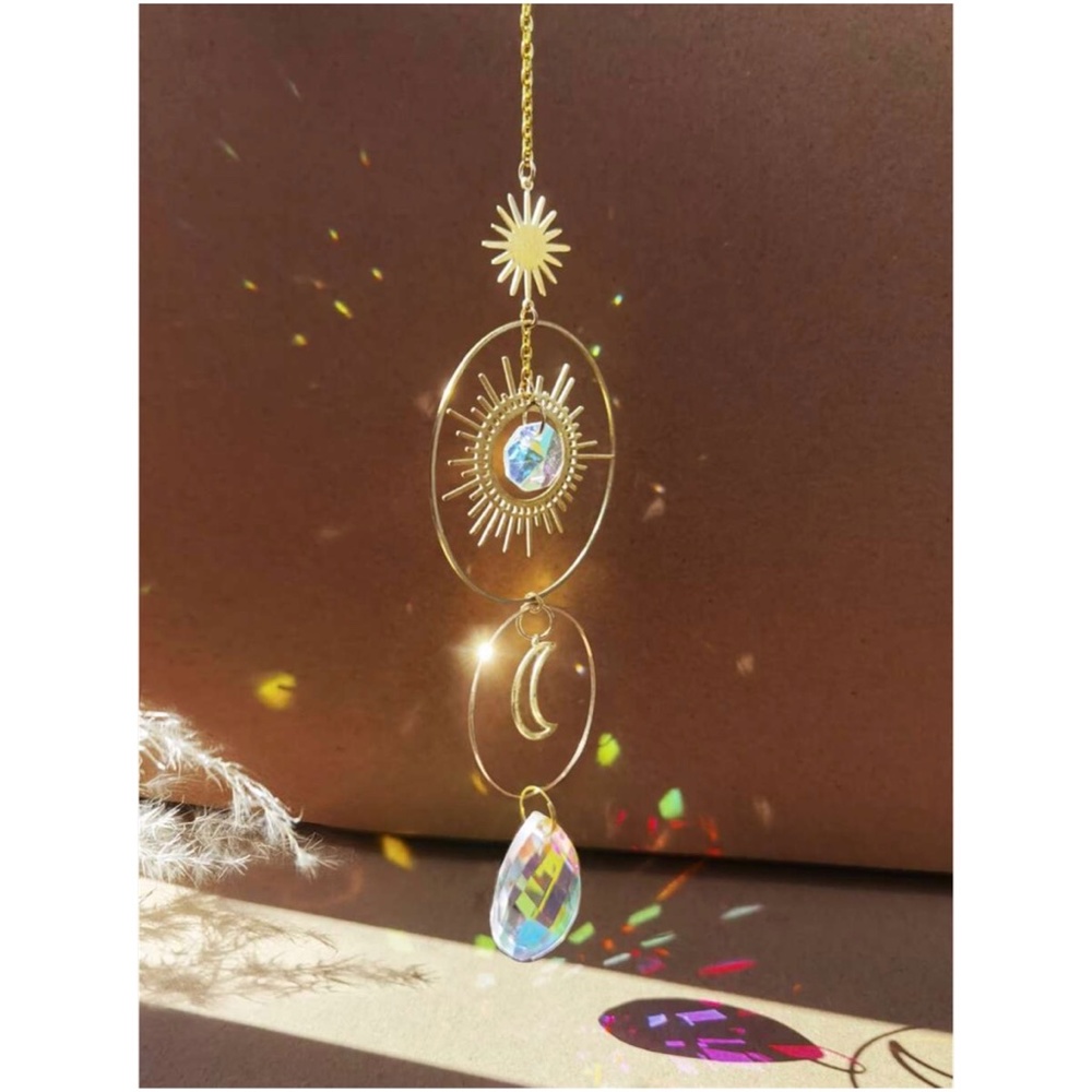 Boho Sun Moon Gold Tone Crystal Ceiling Wall Wall Decor - Picture 3 of 6